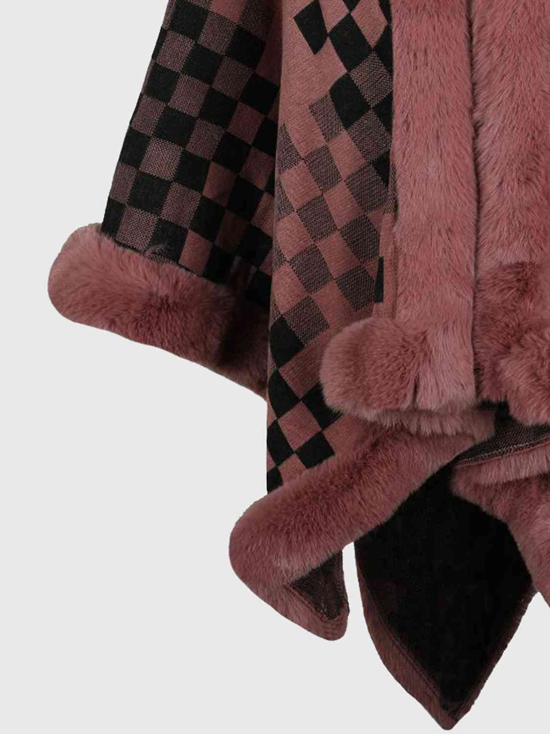 Checkered Faux Fur Trim Poncho Bazaarbey