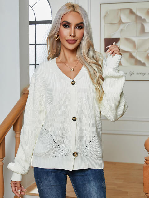 Button Up V-Neck Long Sleeve Cardigan Trendsi