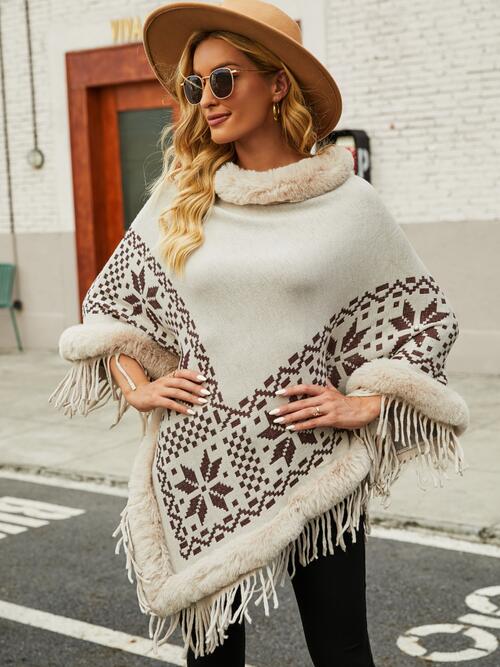 Fringe Geometric Cape Sleeve Poncho Bazaarbey