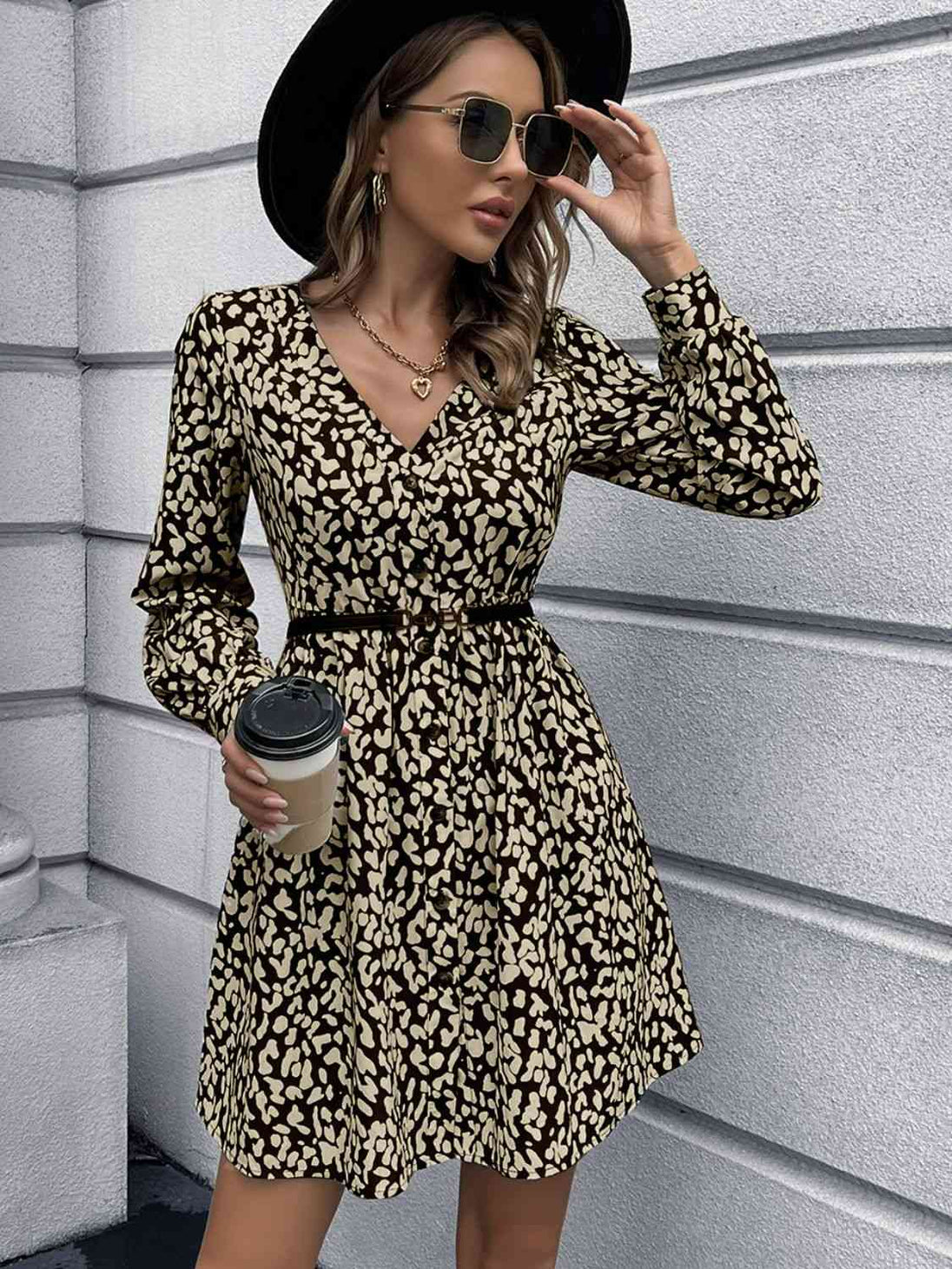 Animal Print Buttoned V-Neck Long Sleeve Dress -BazaarBey - www.shopbazaarbey.com