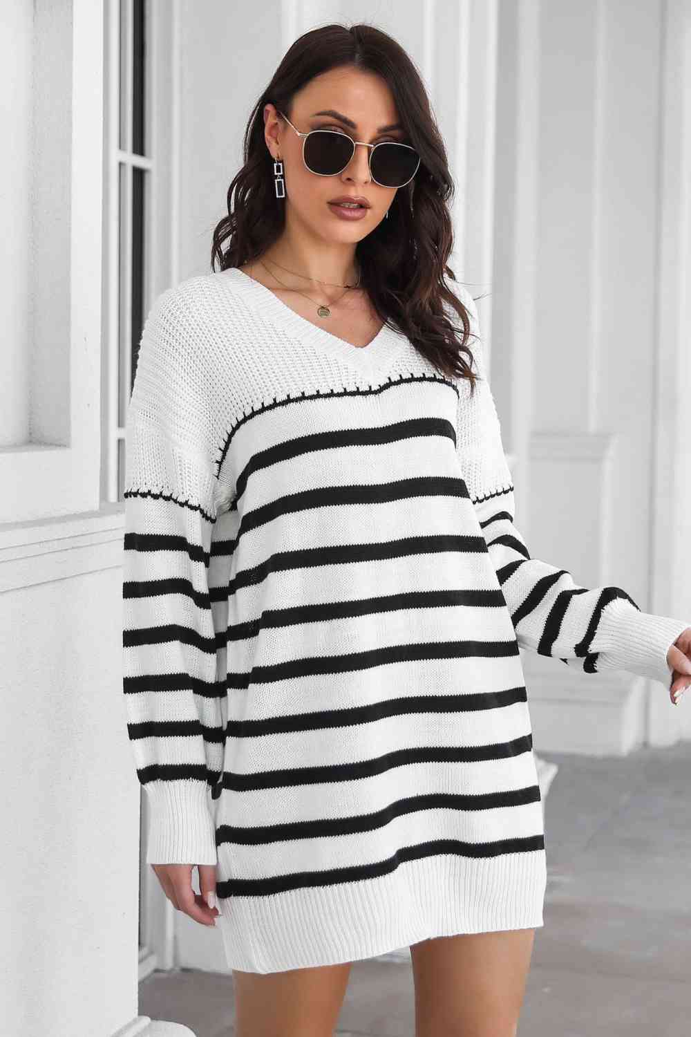 Striped V-Neck Drop Shulder Sweater Dress Bazaarbey