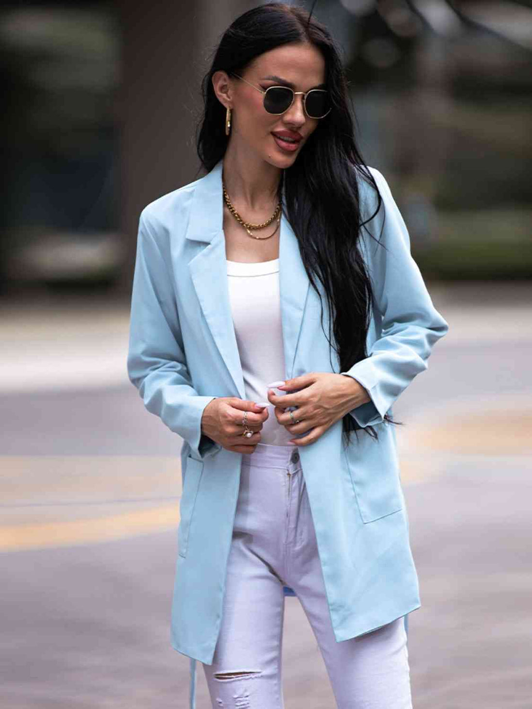 Tie Waist Long Sleeve Blazer Trendsi