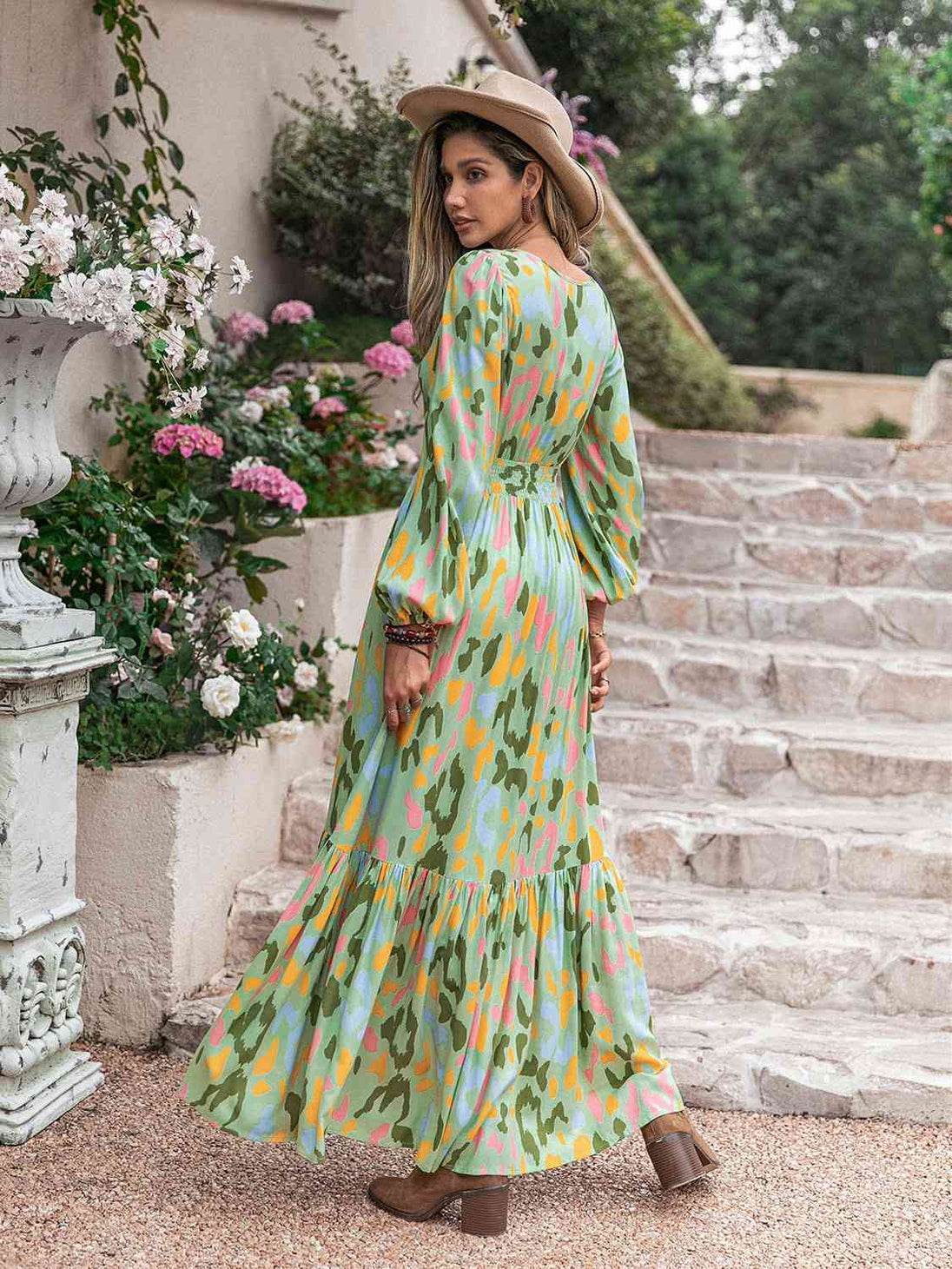 Printed Tie Neck Long Sleeve Maxi Dress Bazaarbey