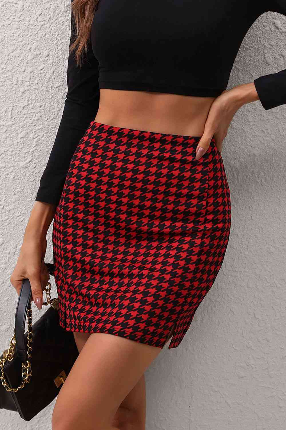 Houndstooth Slit Mini Skirt Trendsi