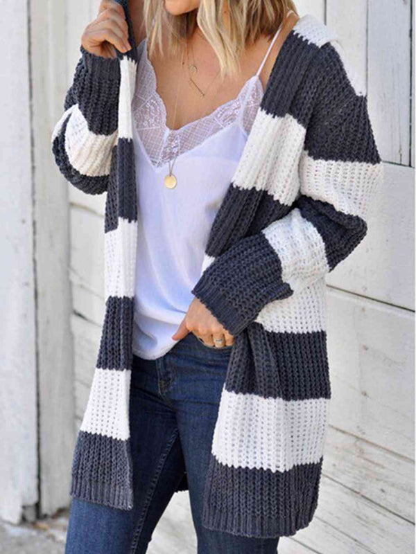 Striped  Hooded Cardigan Trendsi