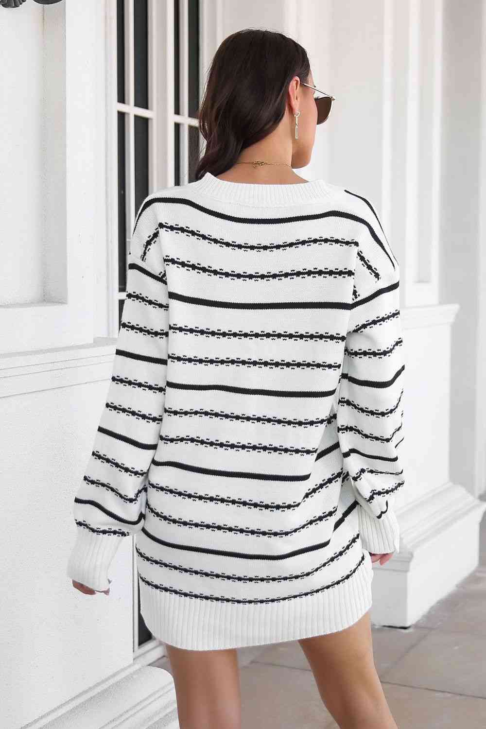 Striped V-Neck Sweater Dress Bazaarbey