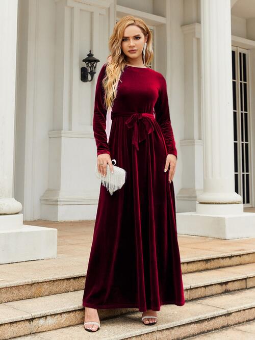 Tie Front Round Neck Long Sleeve Maxi Dress Bazaarbey