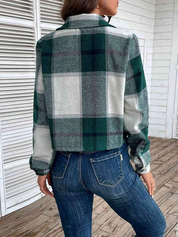 Plaid Collared Neck Button Up Long Sleeve Jacket Trendsi