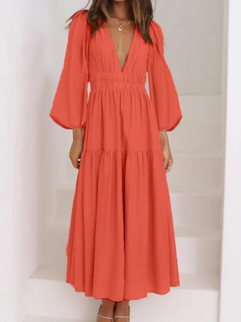 Deep V-Neck Balloon Sleeve Plain Maxi Dress Bazaarbey