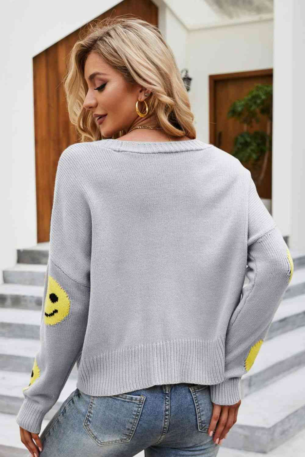 Smiley Face Ribbed Trim V-Neck Cardigan Trendsi