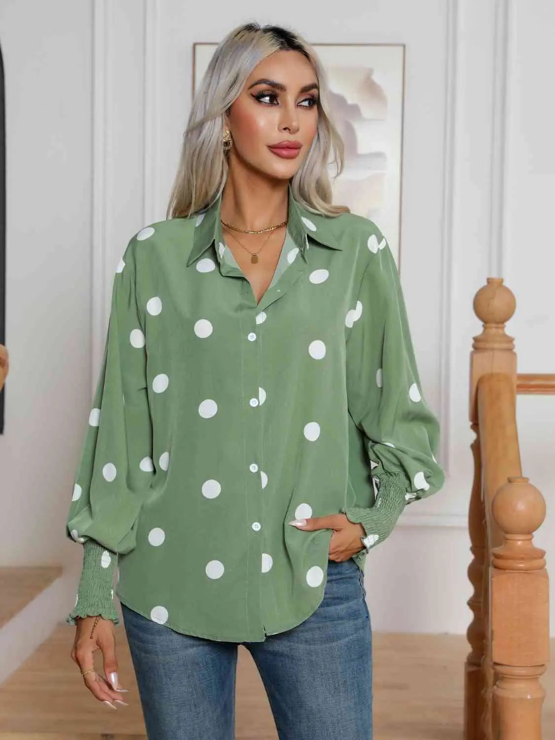  Collared Neck Buttoned Lantern Sleeve Shirt Bazaarbey