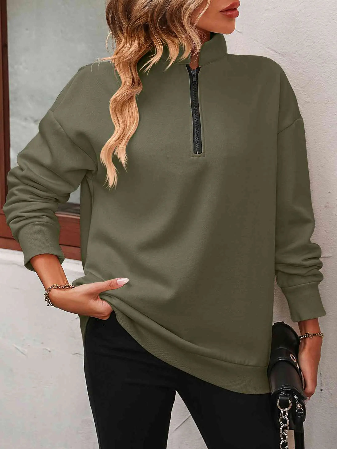 Zip-Up Dropped Shoulder Sweatshirt Bazaarbey