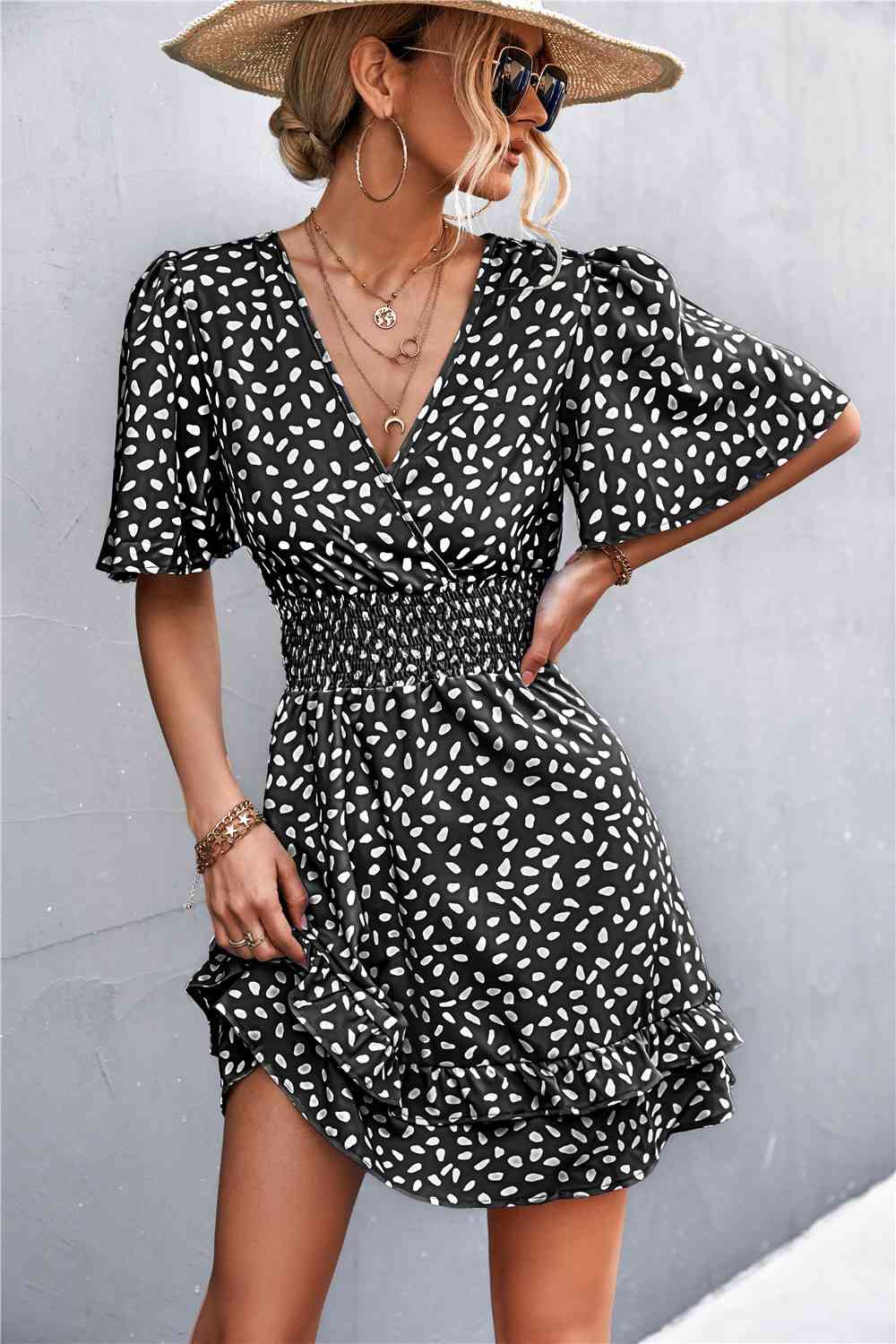 Printed Smocked Waist Layered  Dress -BazaarBey - www.shopbazaarbey.com