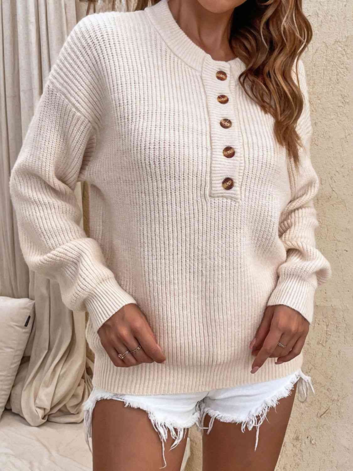 Round Neck Ribbed Button-Down Sweater Bazaarbey