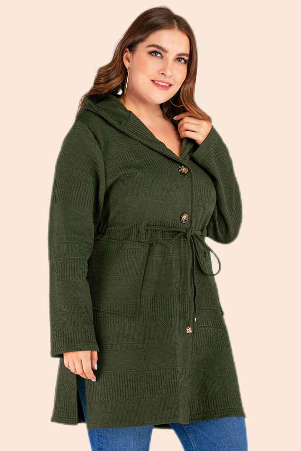  Drawstring Waist Hooded Cardigan with Pockets Trendsi