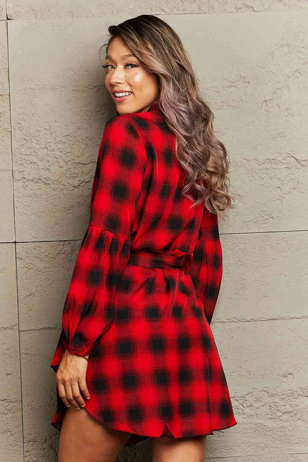 Plaid Tie Waist Balloon Sleeve Mini Dress -BazaarBey - www.shopbazaarbey.com