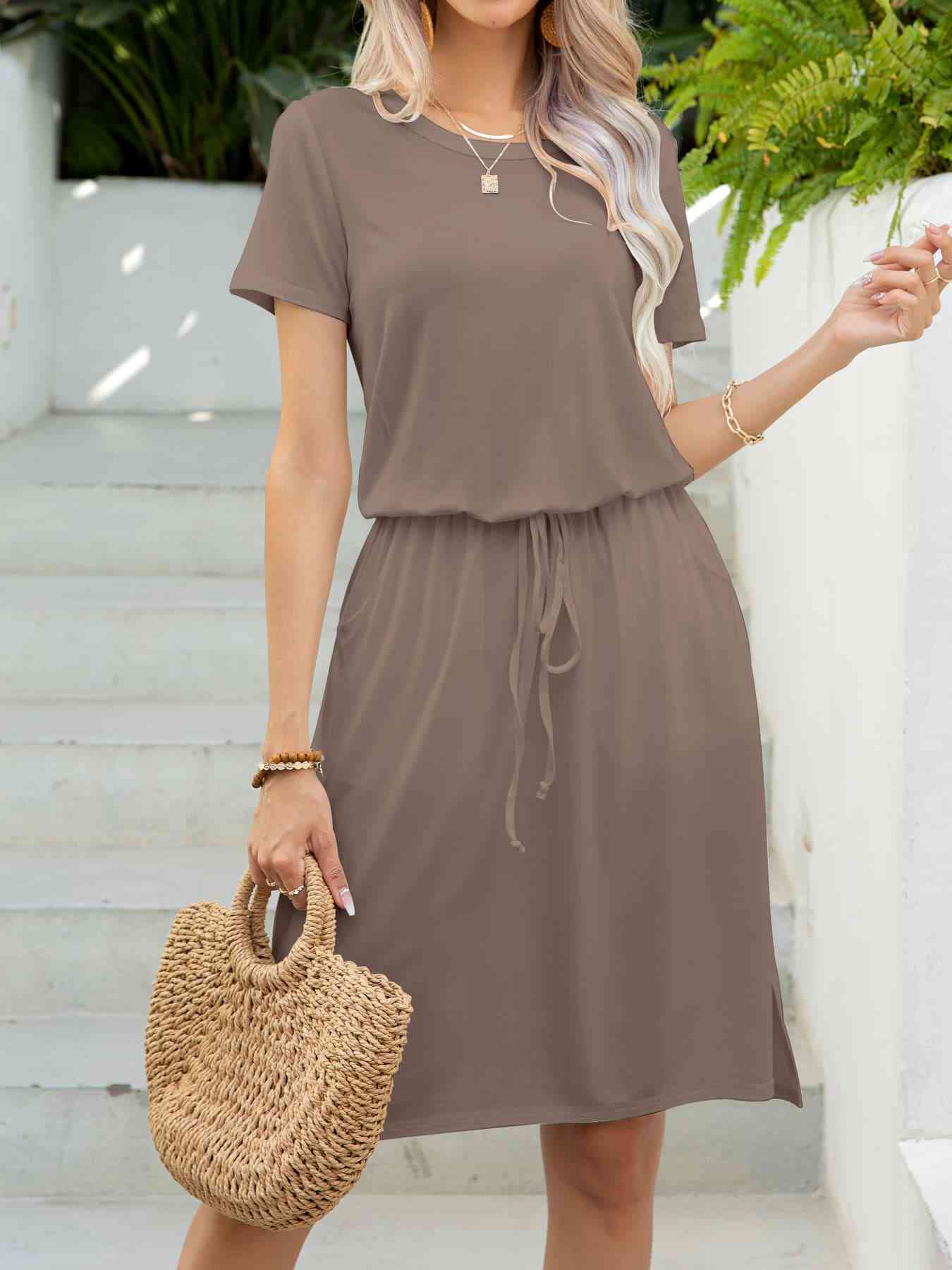 Round Neck Short Sleeve Slit Dress with Pockets -BazaarBey - www.shopbazaarbey.com