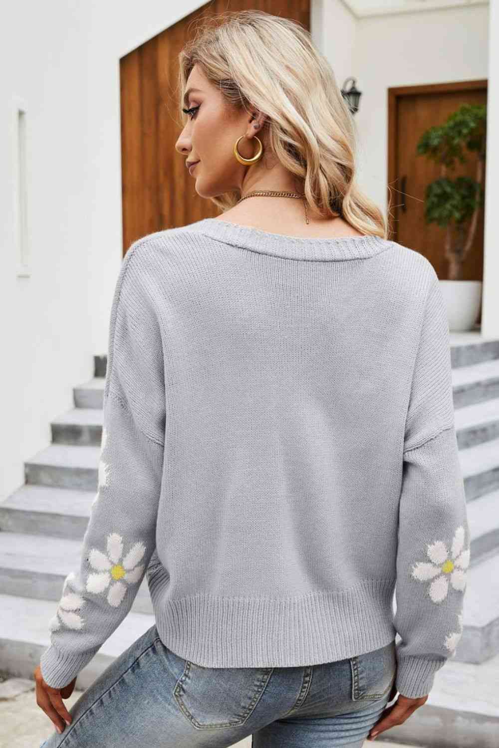 Floral Ribbed Trim Drop Shoulder Cardigan Trendsi