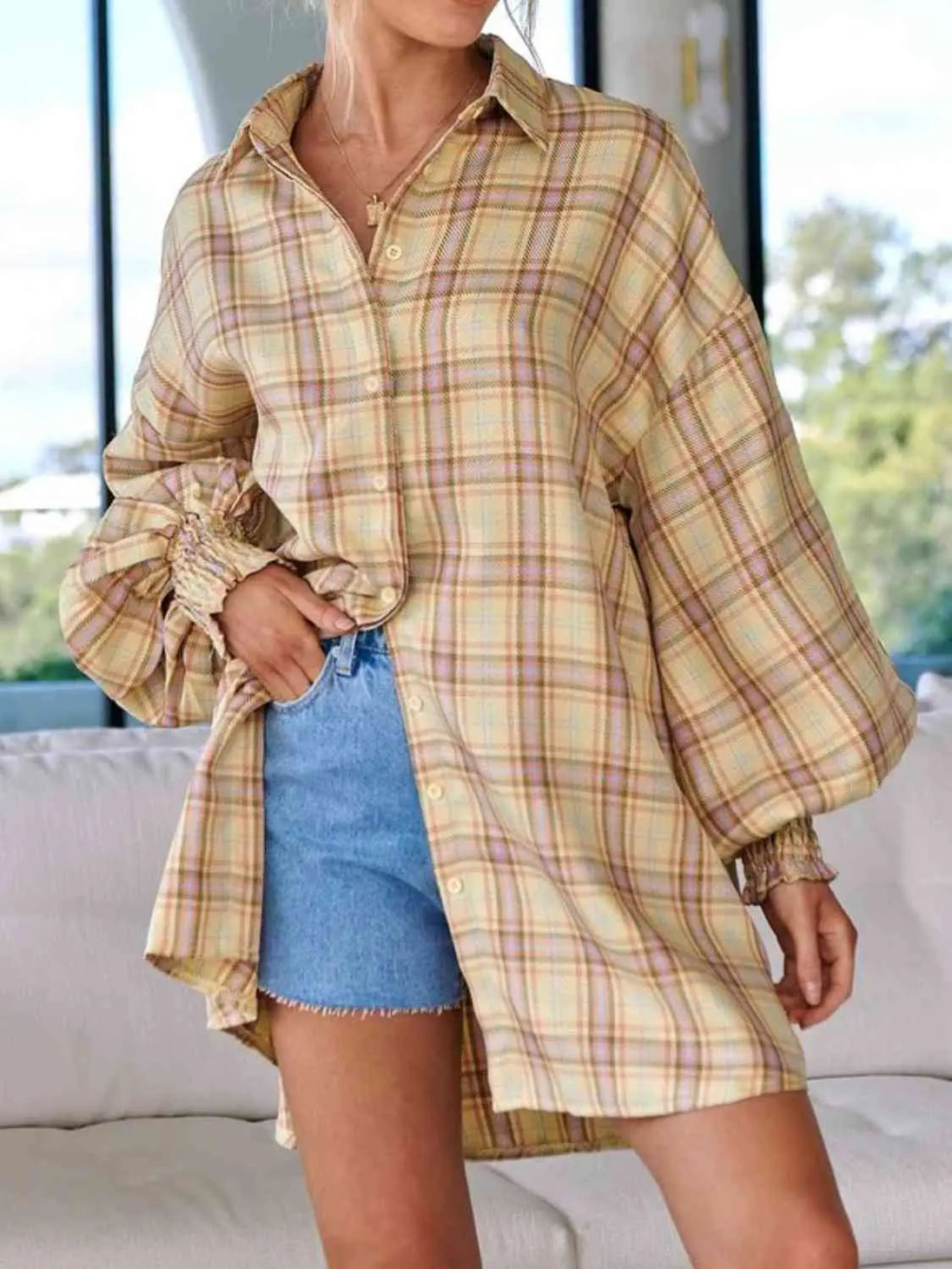 Plaid Lantern Sleeve Shirt Bazaarbey