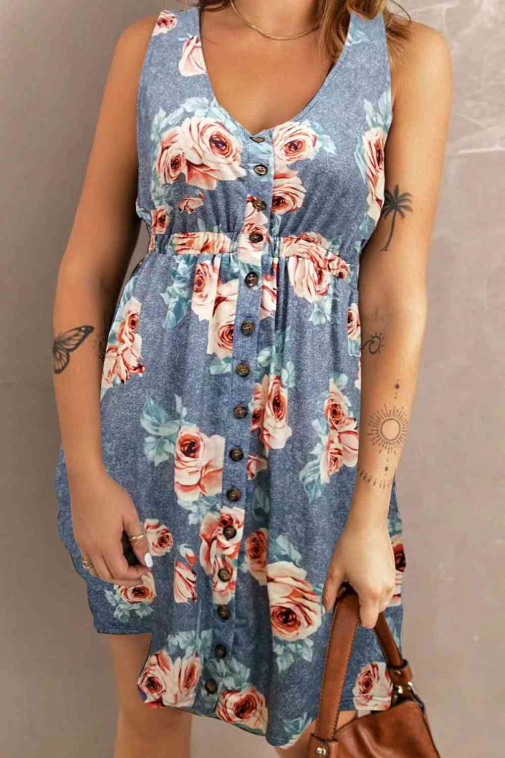  Printed Scoop Neck Sleeveless Buttoned Magic Dress with Pockets Bazaarbey