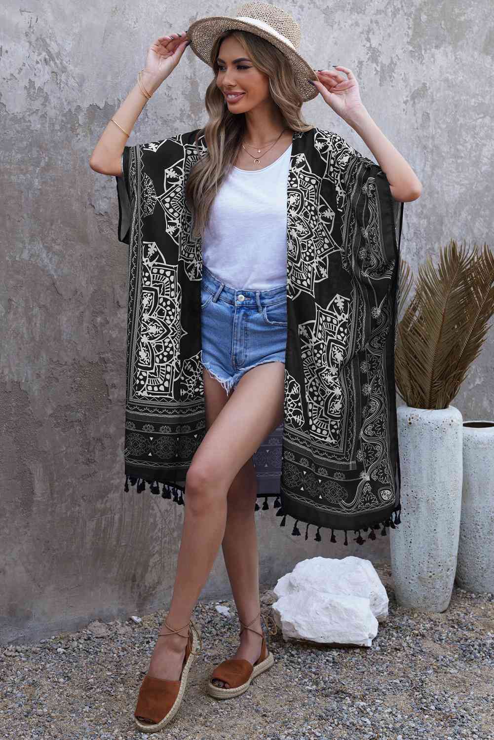 Printed Tassel Trim  Cardigan Bazaarbey