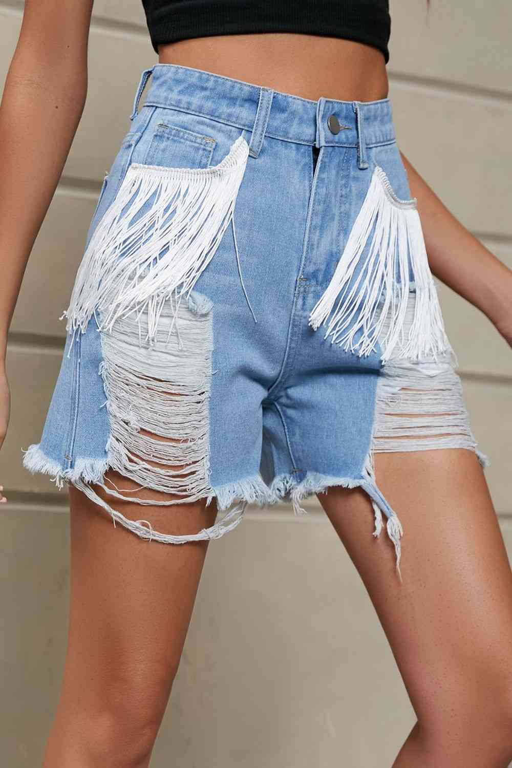 Fringe Trim Distressed Denim Shorts with Pockets Bazaarbey