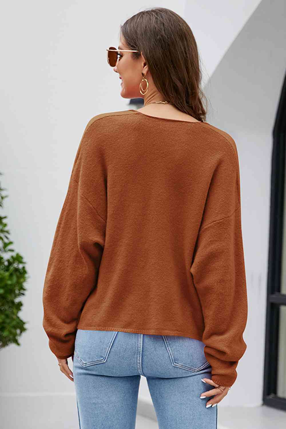 V-Neck Drop Shoulder Long Sleeve Knit Top Bazaarbey