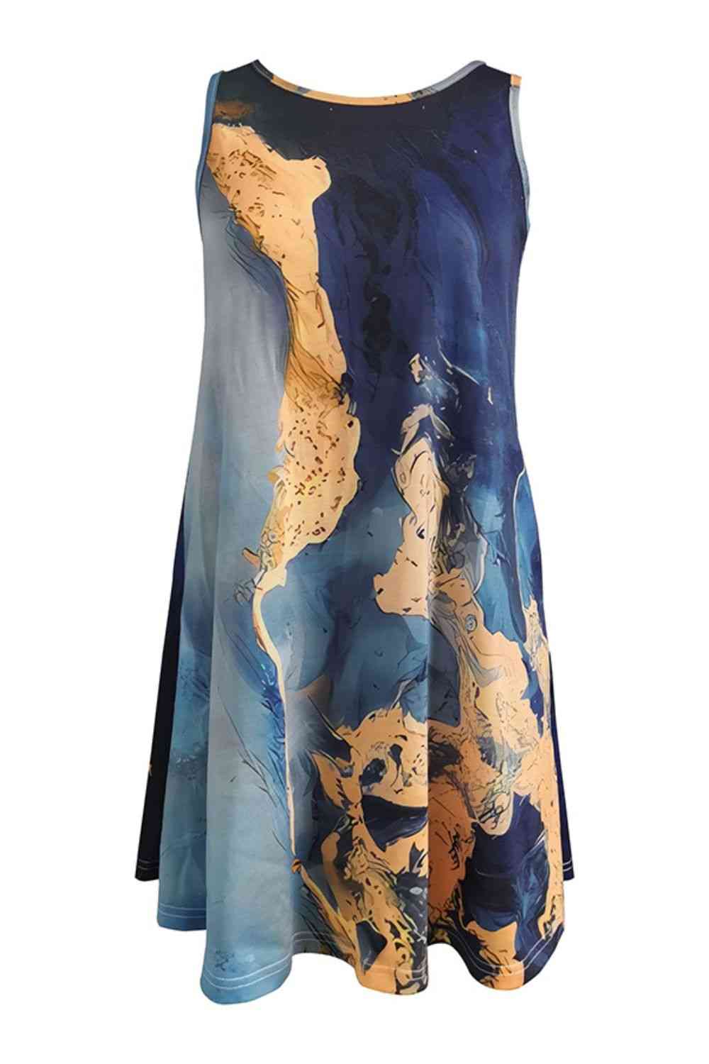 Abstract Print Round Neck Sleeveless Dress with Pockets -BazaarBey - www.shopbazaarbey.com