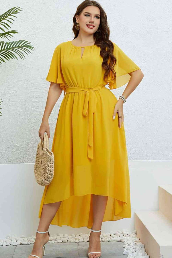 Belted Flutter Sleeve High-Low Dress -BazaarBey - www.shopbazaarbey.com