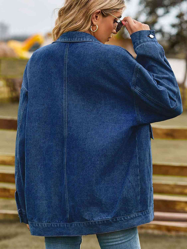 Dropped Shoulder Denim Jacket with Pockets Bazaarbey