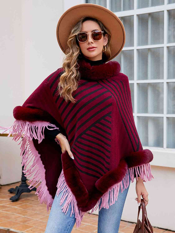 Striped Fringe Hem Poncho Bazaarbey