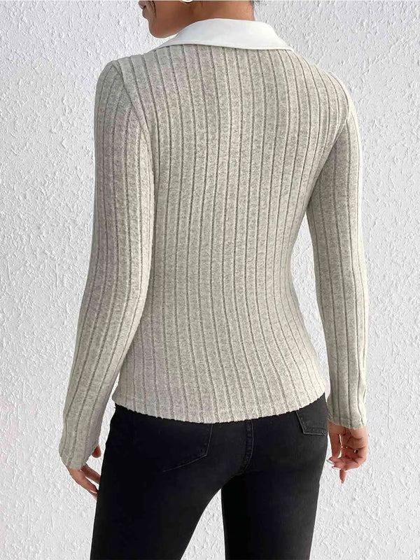 Ribbed Johnny Collar Long Sleeve Blouse Bazaarbey