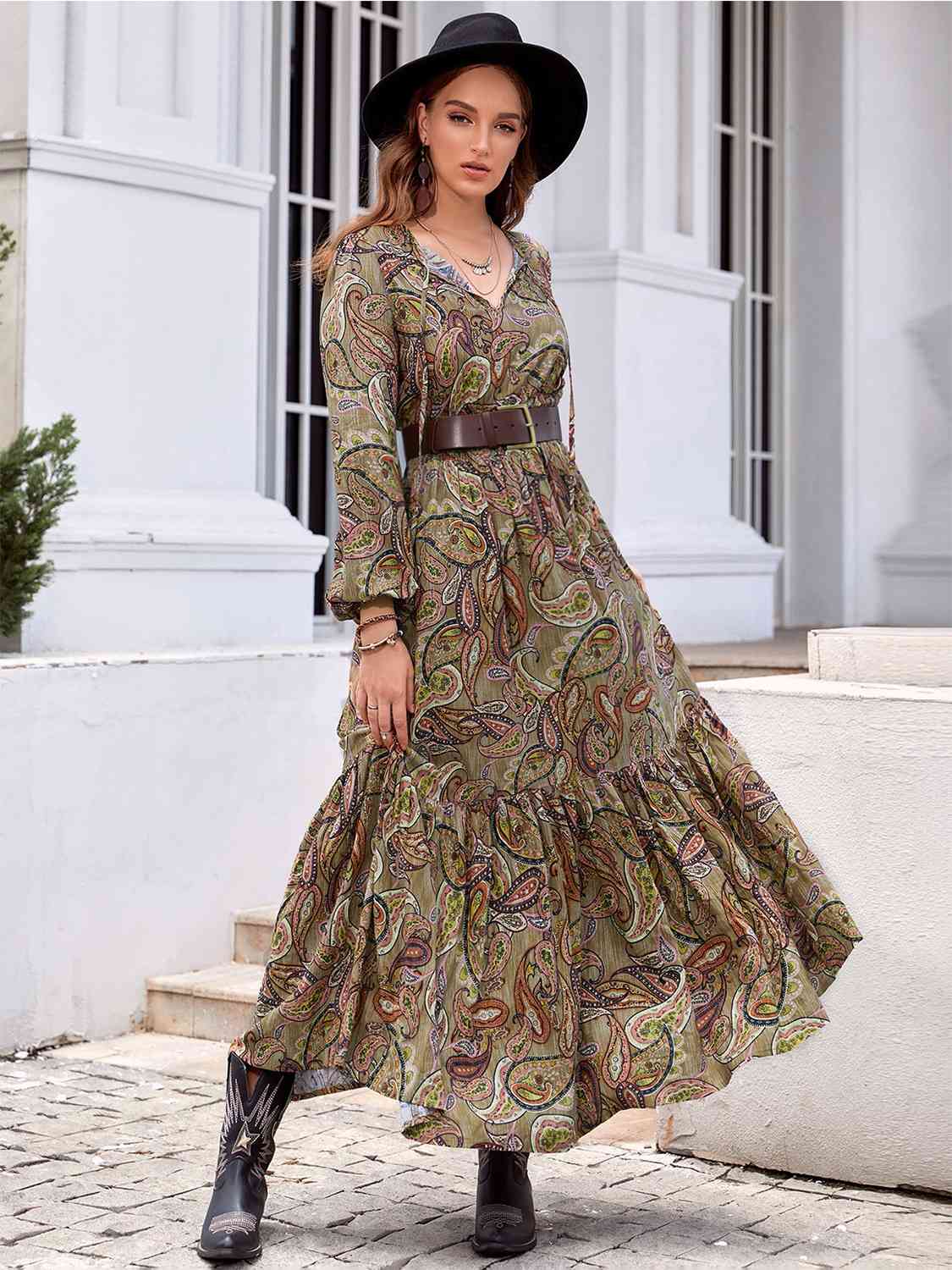 Printed Tie Neck Ruffle Hem Long Sleeve Dress Bazaarbey