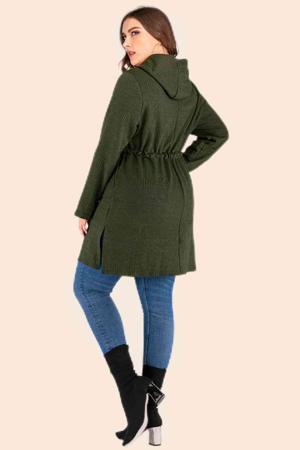  Drawstring Waist Hooded Cardigan with Pockets Trendsi