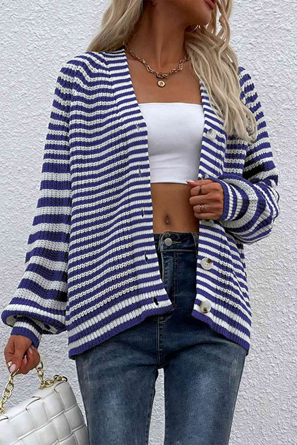 Striped V-Neck Button-Down Cardigan Trendsi