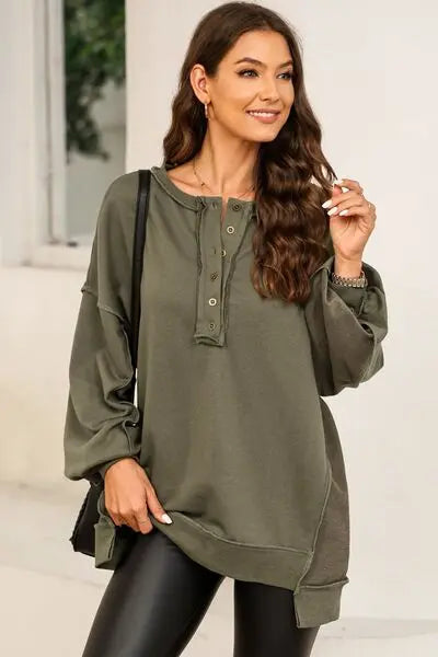 Buttoned Dropped Shoulder Sweatshirt Bazaarbey