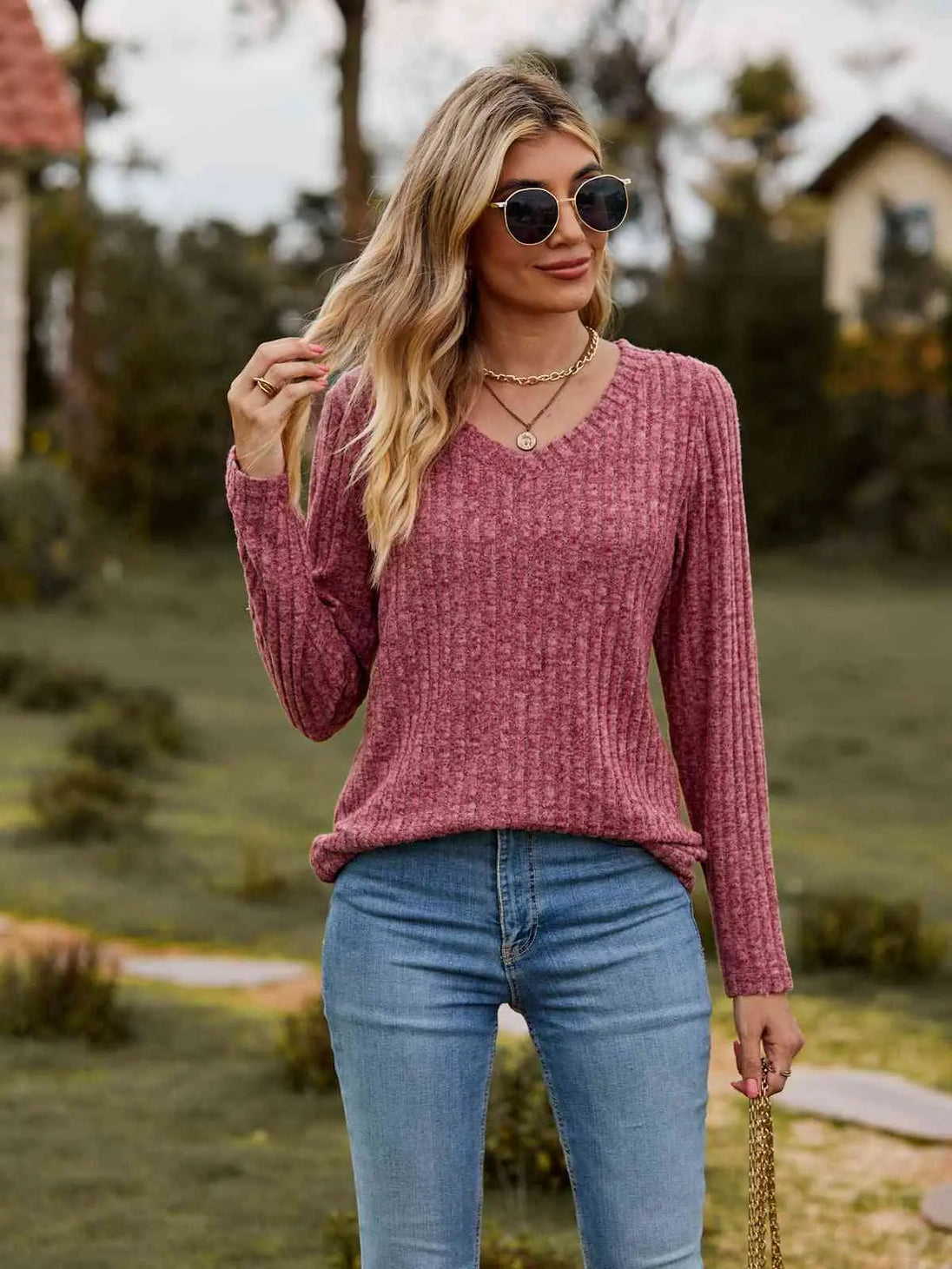 Ribbed V-Neck Long Sleeve Tee Trendsi