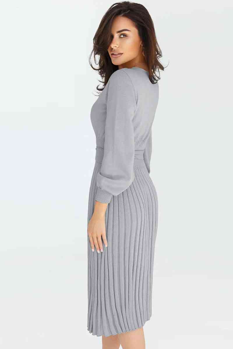 Round Neck Long Sleeve Pleated Sweater Dress Bazaarbey