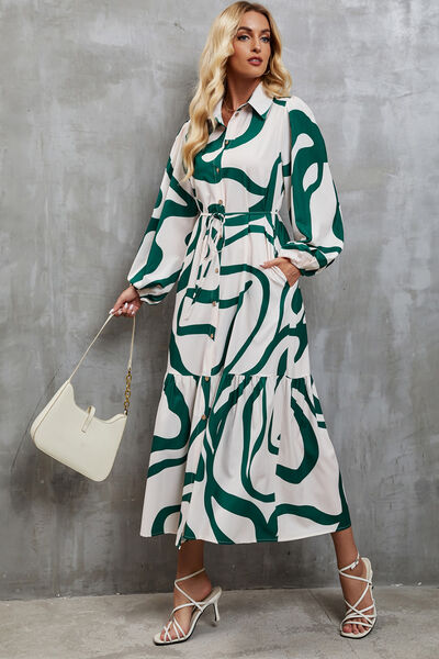 Tie-Waist Printed Button Up Dress -BazaarBey - www.shopbazaarbey.com