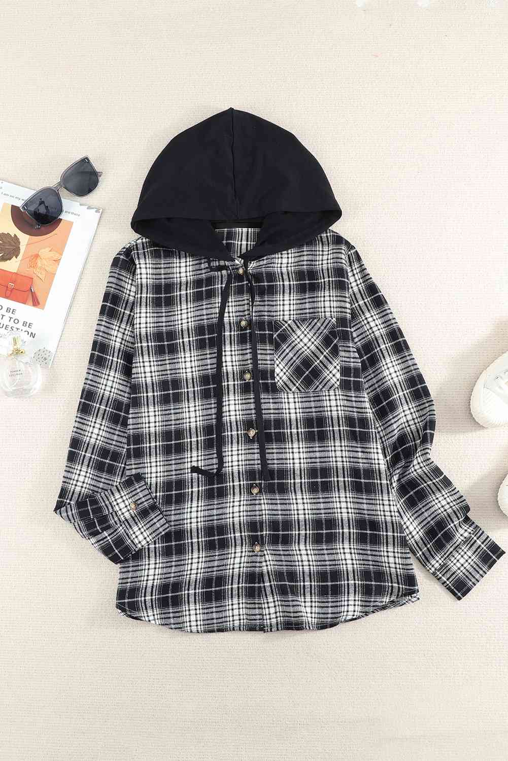 Plaid Drawstring Hooded Shirt Jacket Trendsi