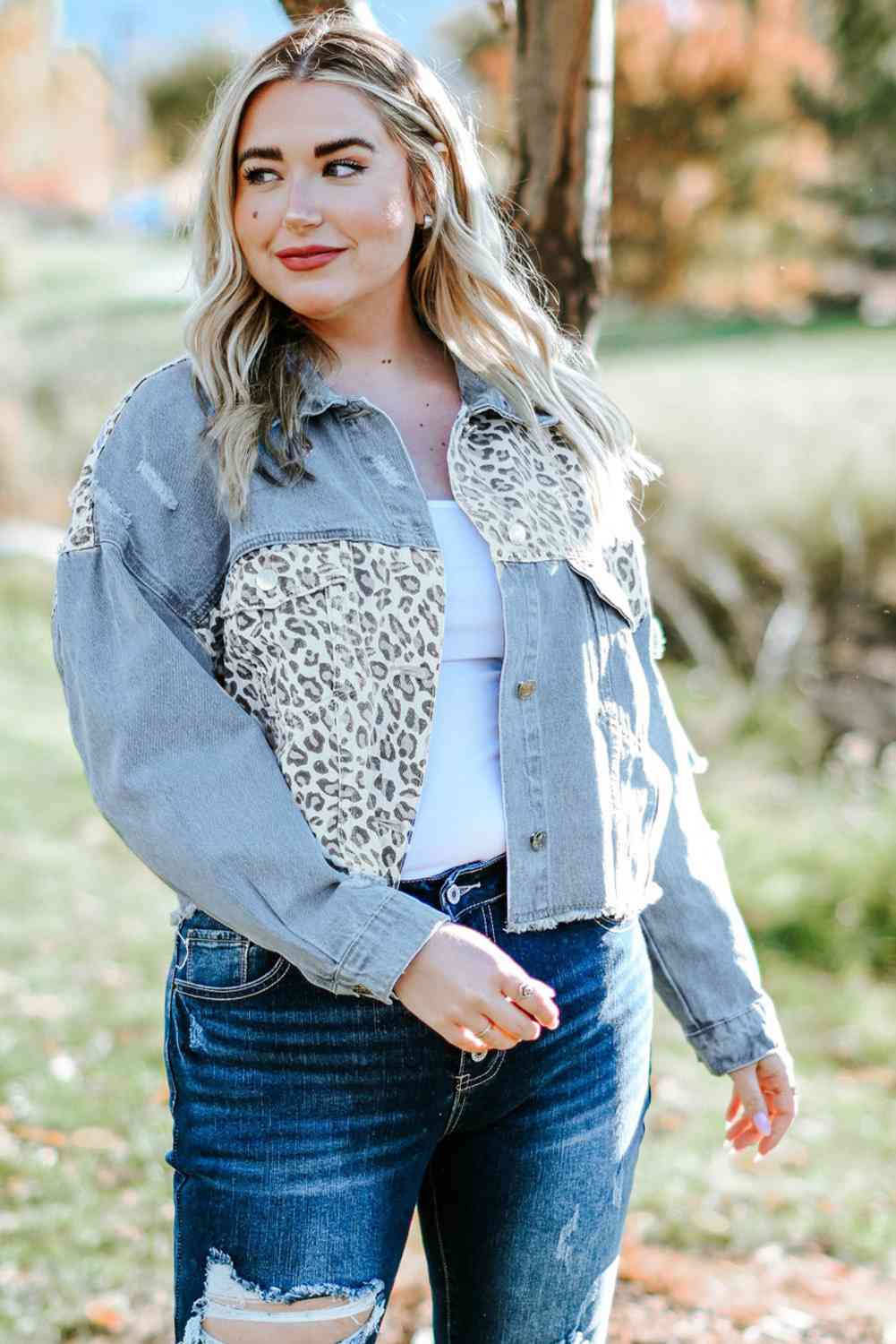 Plus Size Leopard Raw Hem Distressed Spliced Denim Jacket Bazaarbey