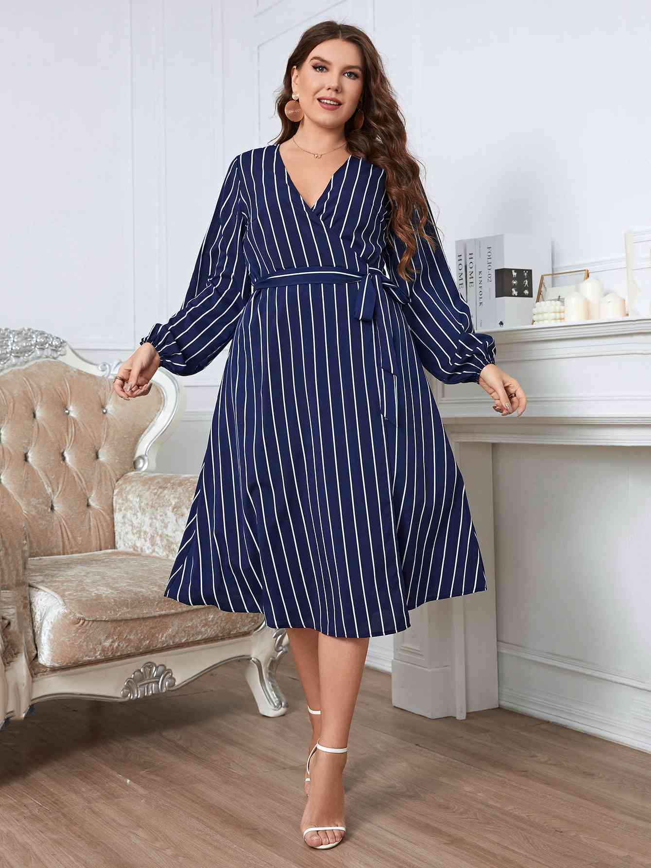  Apparel Plus Size Striped  Neck Long Sleeve Dress -BazaarBey - www.shopbazaarbey.com