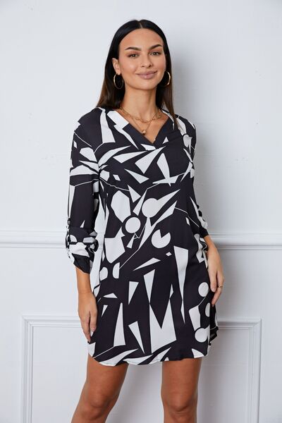 Geometric V-Neck Roll-Tab Sleeve Mini Dress Bazaarbey