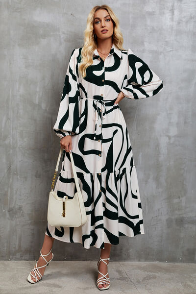 Tie-Waist Printed Button Up Dress -BazaarBey - www.shopbazaarbey.com