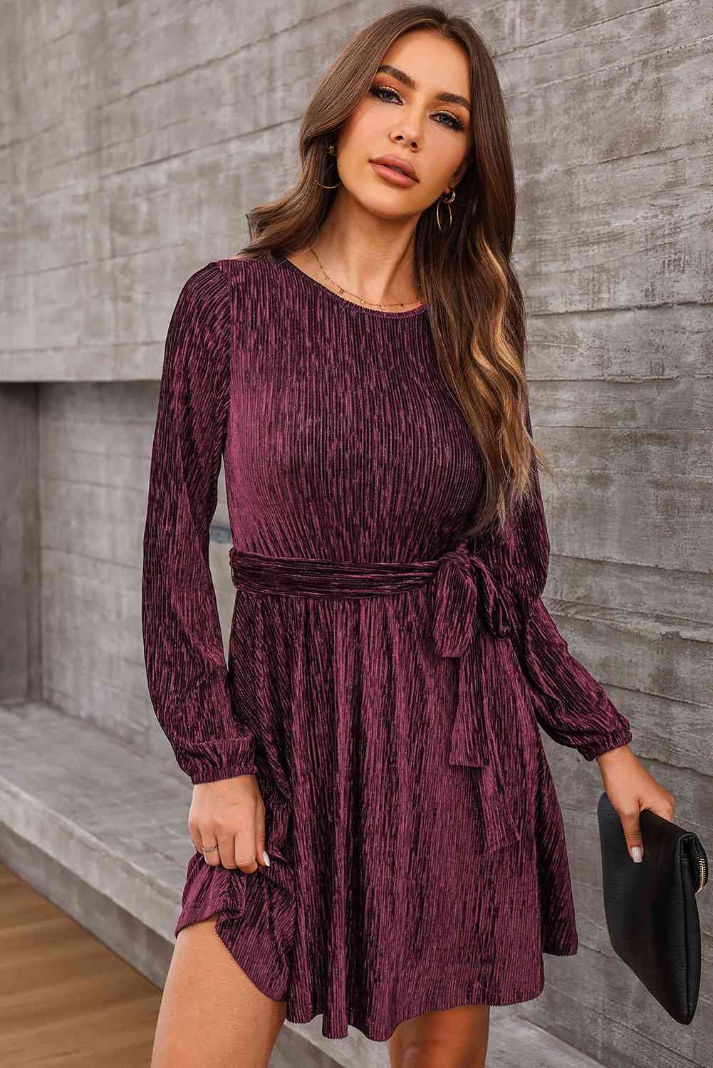 Round Neck Tie Front Long Sleeve Dress -BazaarBey - www.shopbazaarbey.com