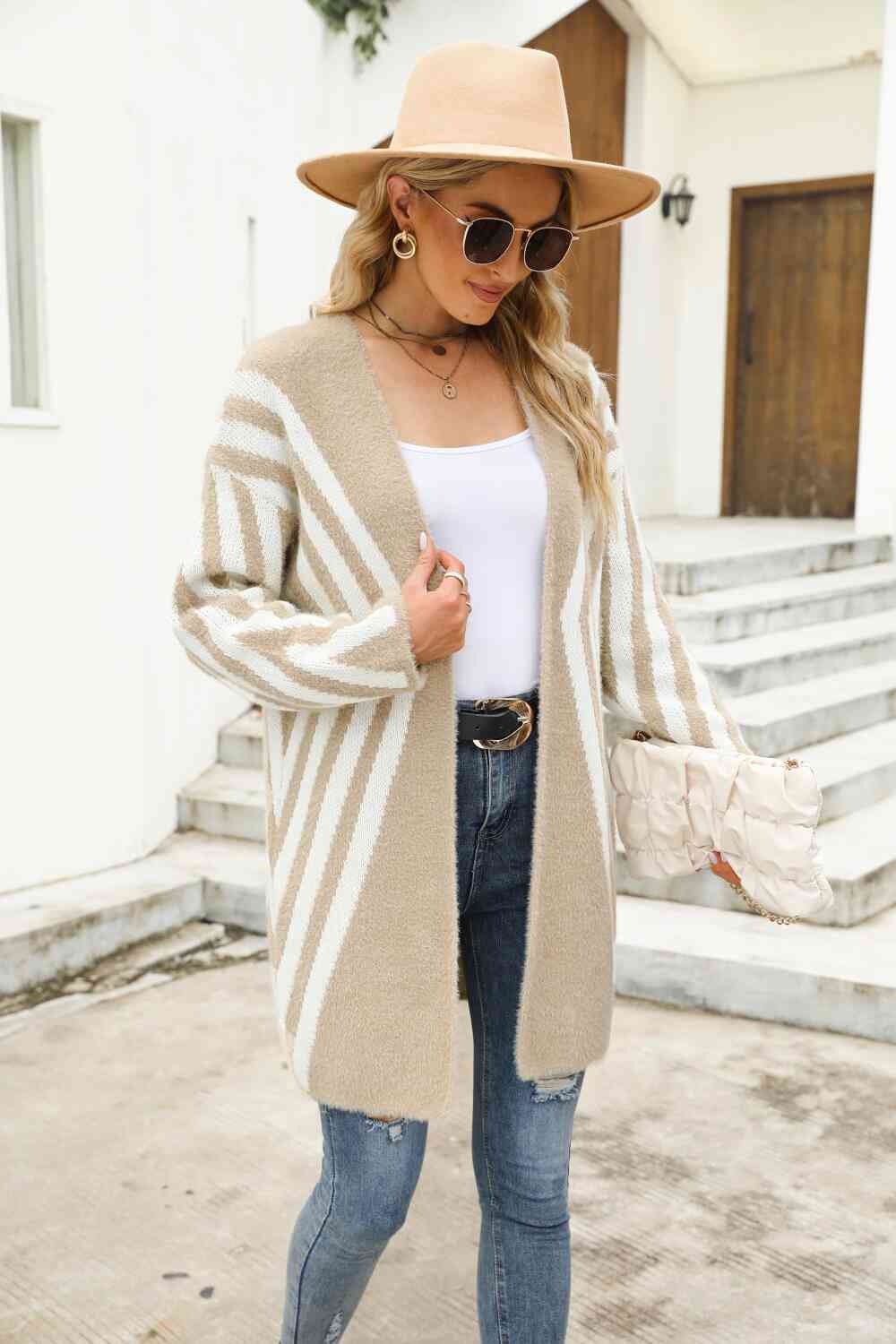 Woven Right Two-Tone  Fuzzy  Cardigan Trendsi