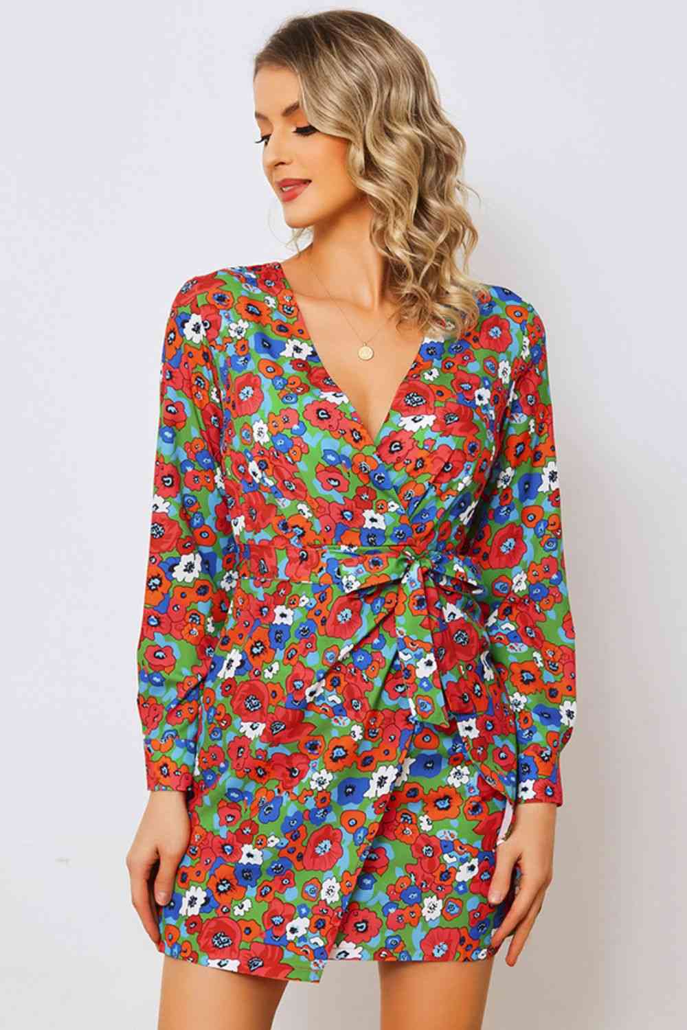 Floral Tied Long Sleeve Plunge Dress -BazaarBey - www.shopbazaarbey.com