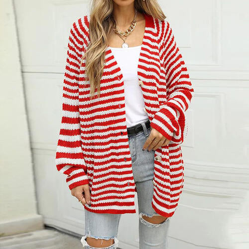 Striped Button Down Long Sleeve Cardigan Trendsi