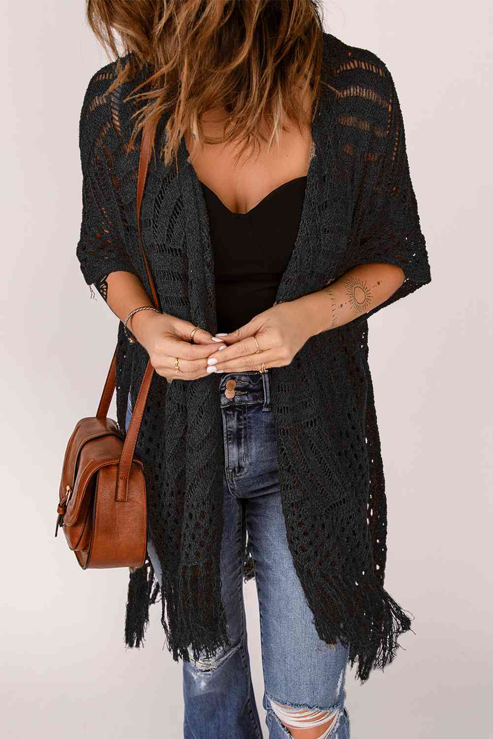 Fringe Hem Slit Open Front Cardigan Bazaarbey