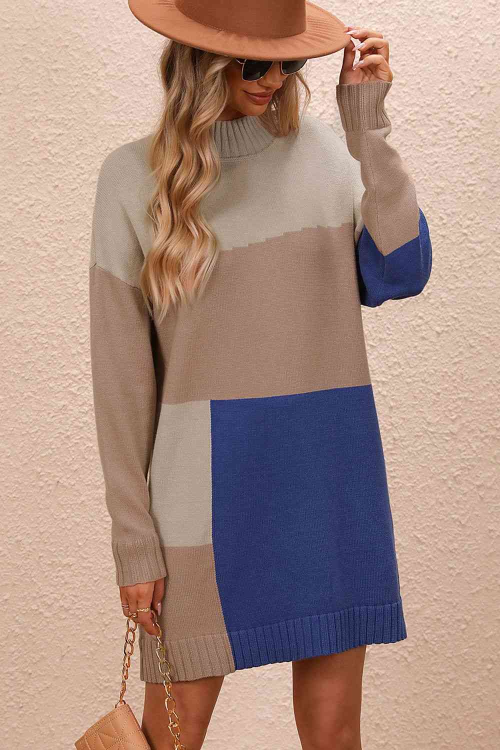 Color Block Mock Neck Dropped Shoulder Sweater Dress Bazaarbey